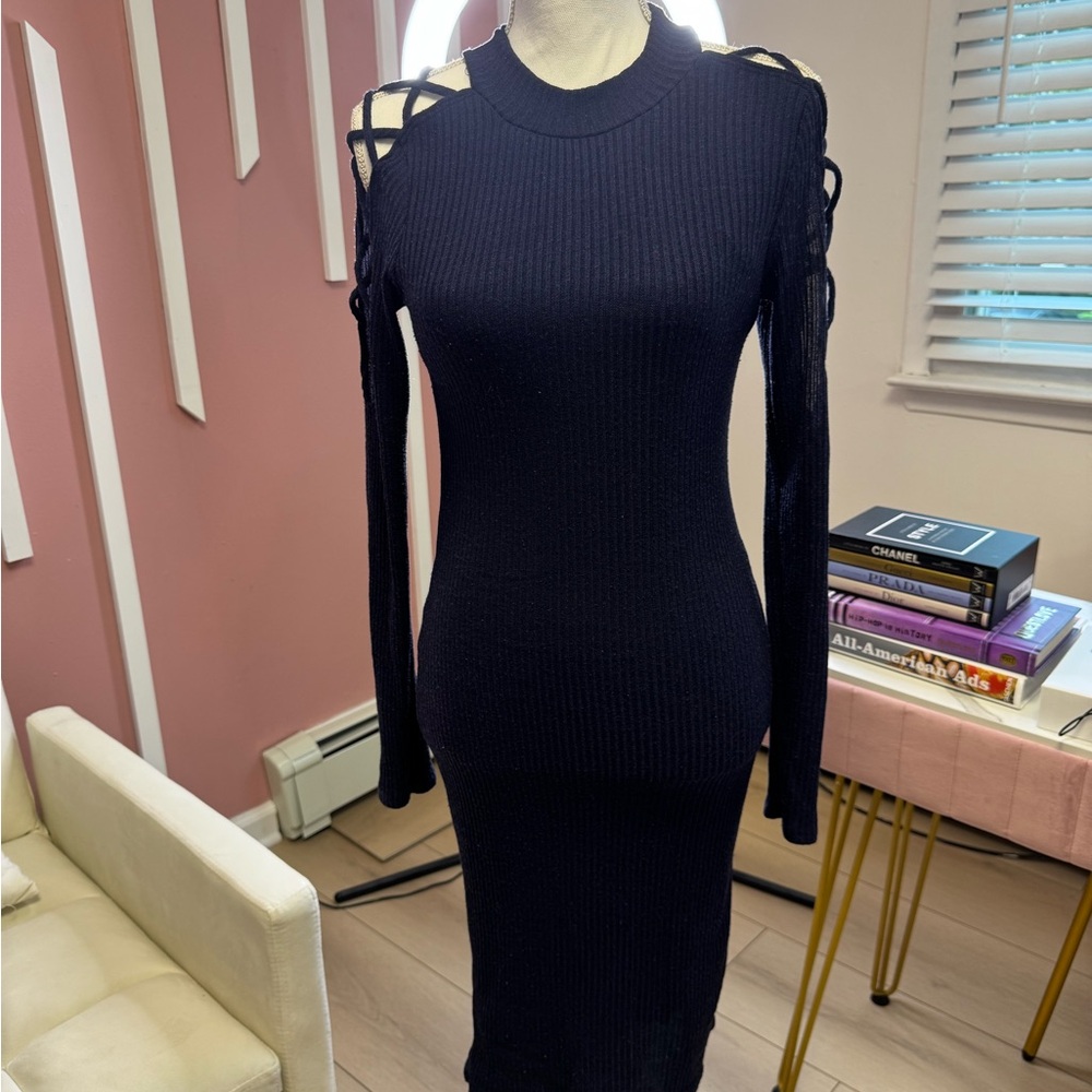 Fashion Nova Navy Blue Ribbed Cut Out Bodycon Dress